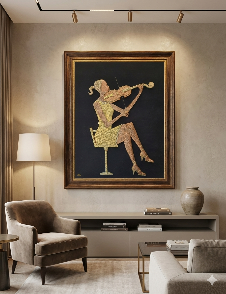 THE VIOLINIST 3D WALL SCULPTURE ART - SYMPHONY IN GOLD TEXTURED RELIEF - Image 2