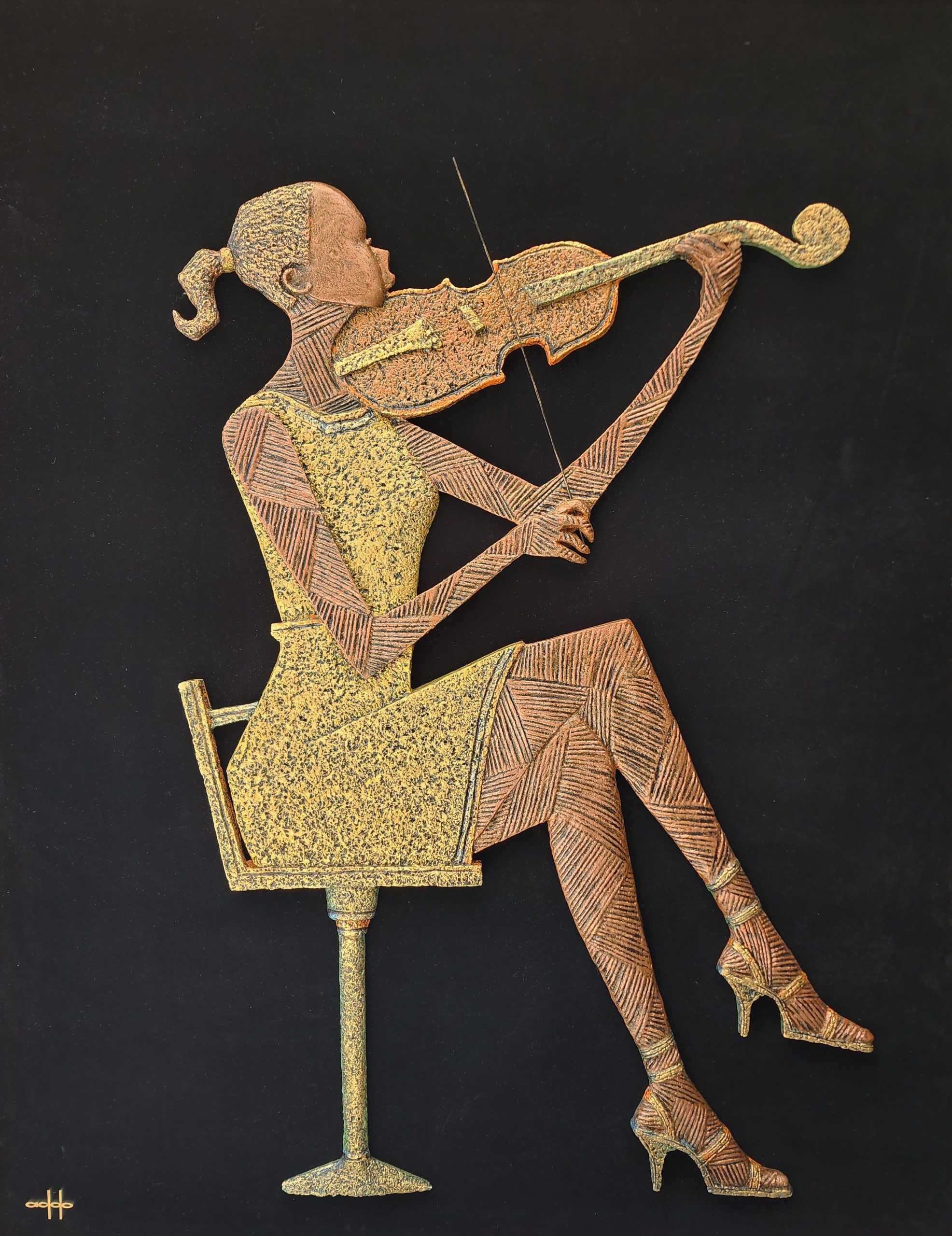 THE VIOLINIST 3D WALL SCULPTURE ART - SYMPHONY IN GOLD TEXTURED RELIEF